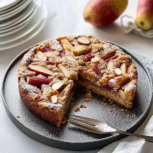 Rhubarb, pear and almond cake