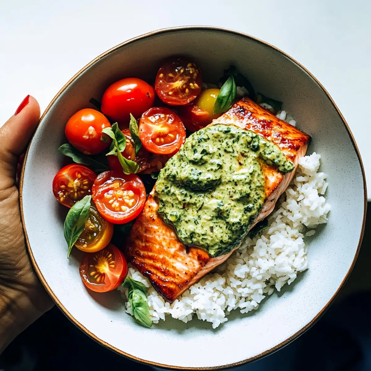 Salmon with Basil Sauce and Tomato Salad
