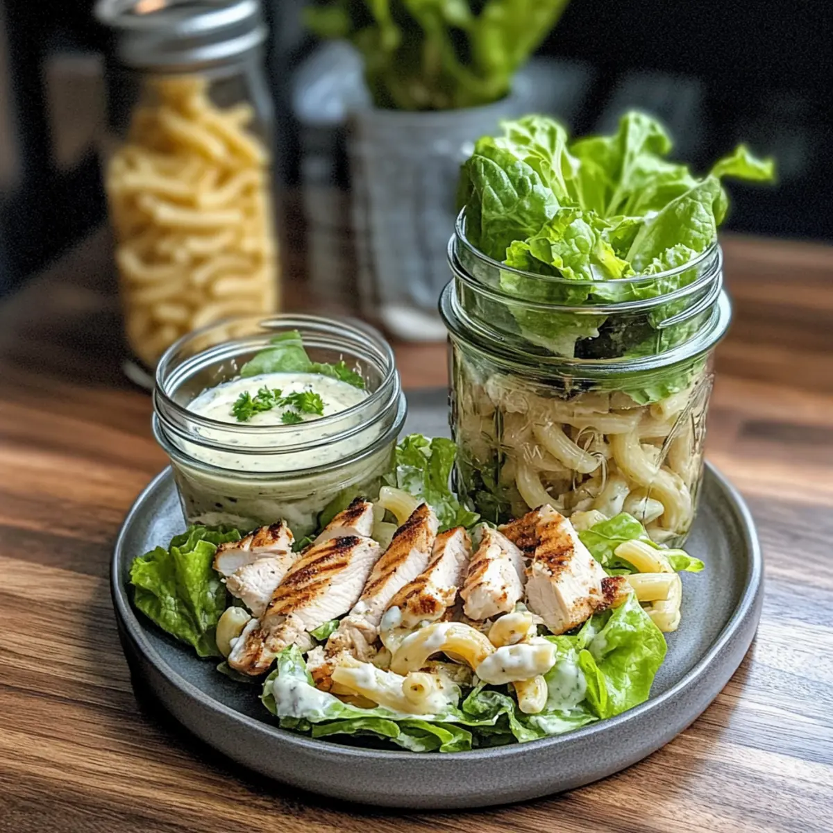 Grilled Chicken Caesar Pasta Mason Jar Salads