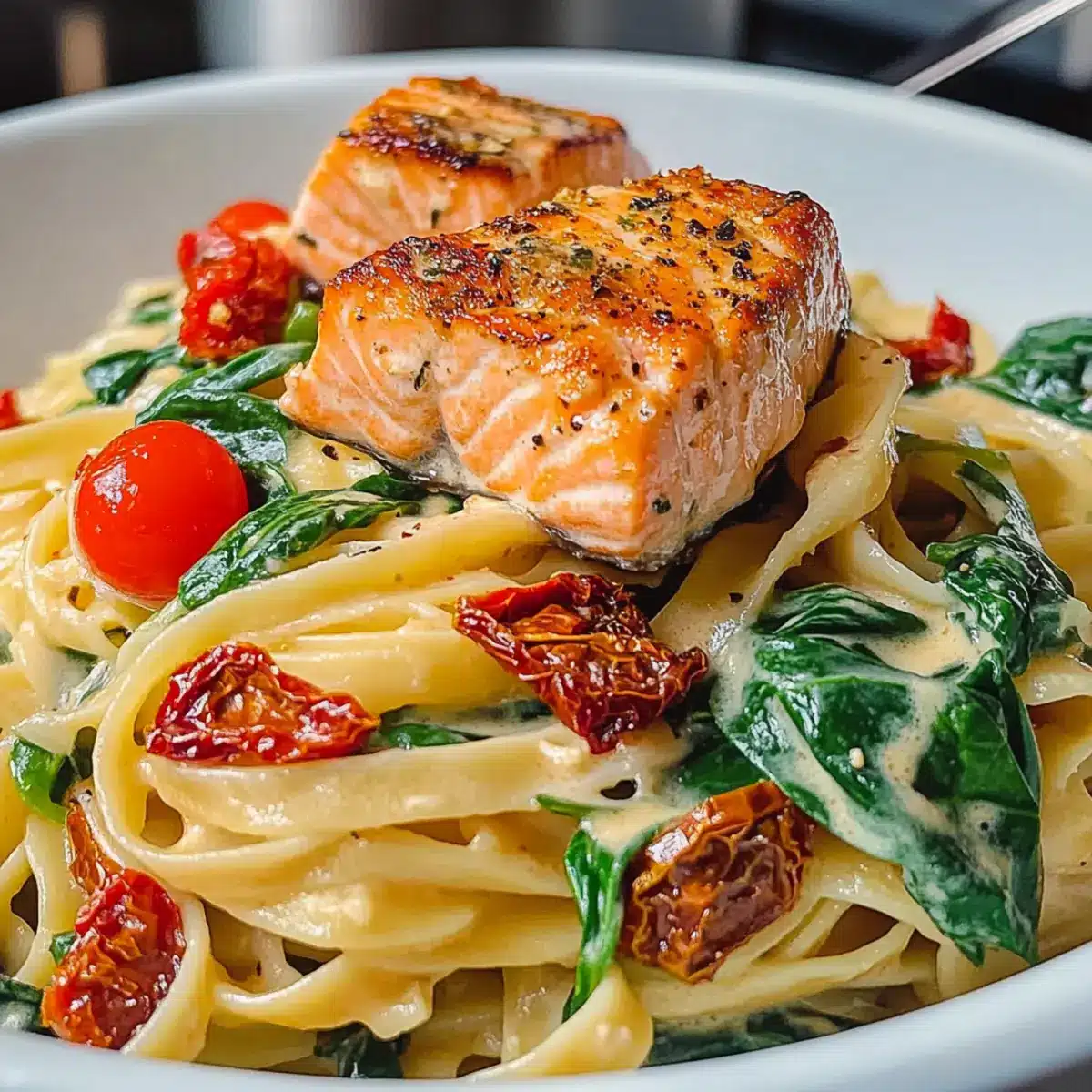 Healthy & Creamy Tuscan Salmon Pasta