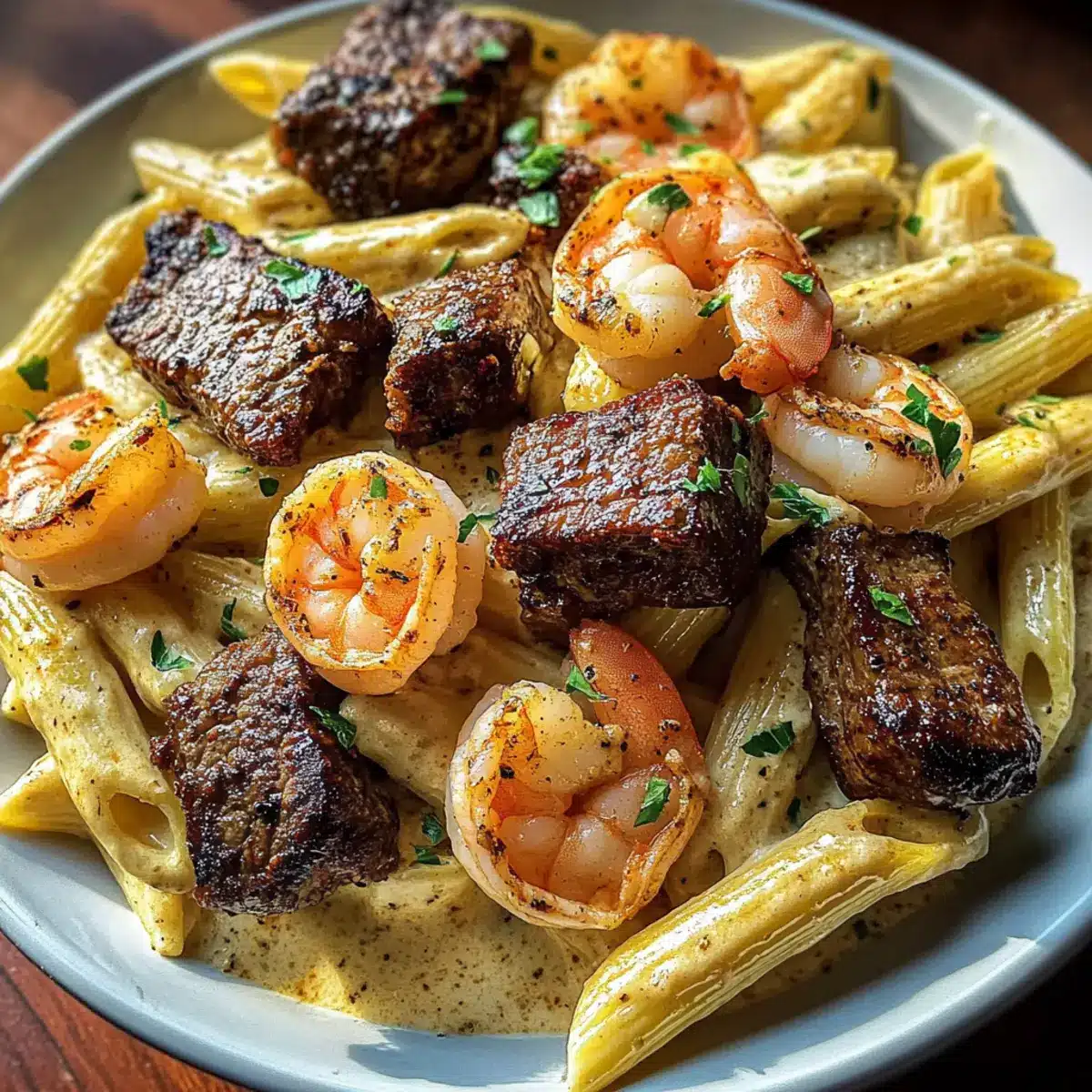 Blackened Steak and Shrimp Alfredo